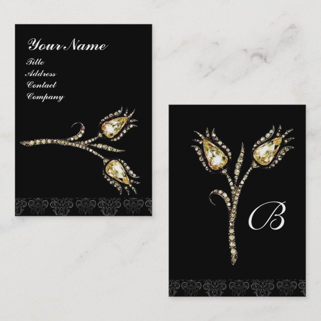 DIAMOND TULIPS DAMASK MONOGRAM, Svart och vitt Visitkort (Fram/baksida)