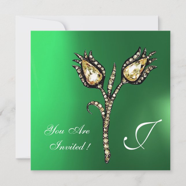 DIAMOND TULIPS MONOGRAM, Grönt Jade Inbjudningar (Framsida)