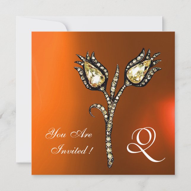 DIAMOND TULIPS MONOGRAM, Orange Grått Agate Inbjudningar (Framsida)