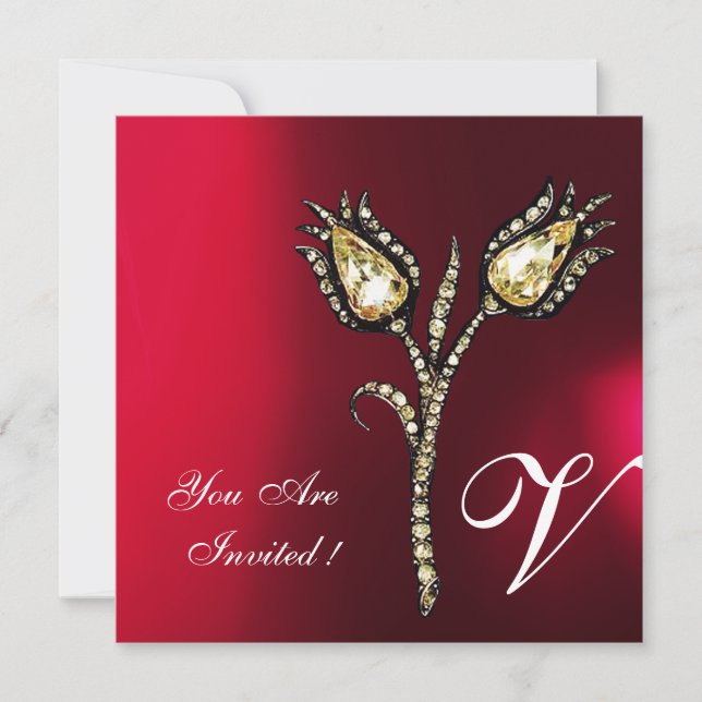 DIAMOND TULIPS MONOGRAM ,Red Burgundy White Inbjudningar (Framsida)
