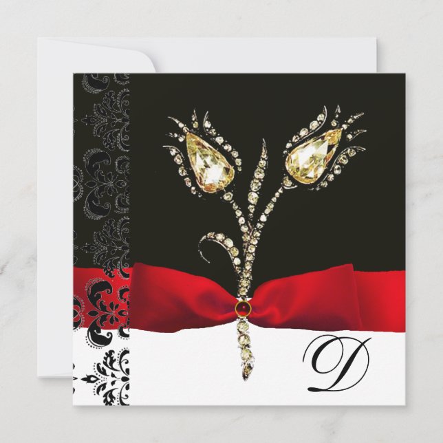 DIAMOND TULIPS, Red Black White Damask Monogram Meddelande (Framsida)