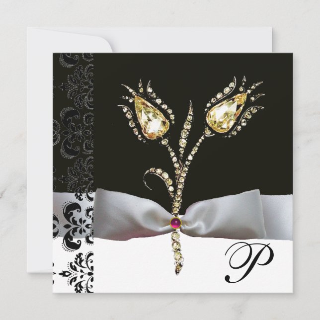 DIAMOND TULIPS,Rosa Black White Damask Monogram Meddelande (Framsida)