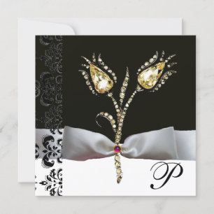 DIAMOND TULIPS,Rosa Black White Damask Monogram Meddelande