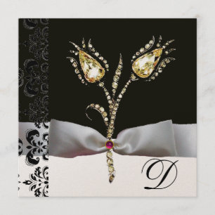 DIAMOND TULIPS,Rosa Black White Damask Monogram Meddelande