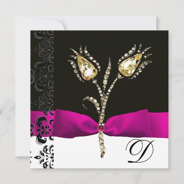 DIAMOND TULIPS,Rosa Black White Damask Monogram Meddelande (Framsida)