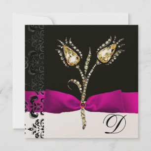 DIAMOND TULIPS,Rosa Black White Damask Monogram Meddelande