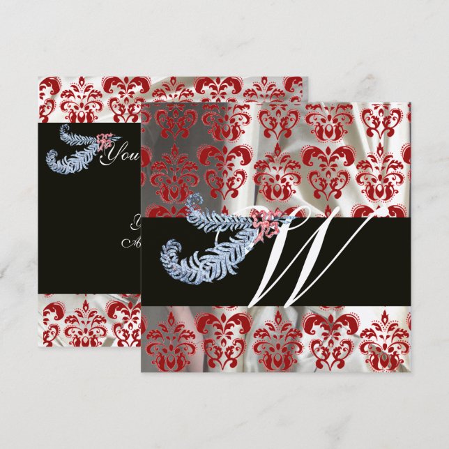DIAMONDFJÄDRAR RÖD SILVER SILKESDAMAST MONOGRAM INBJUDNINGAR (Fram/baksida)