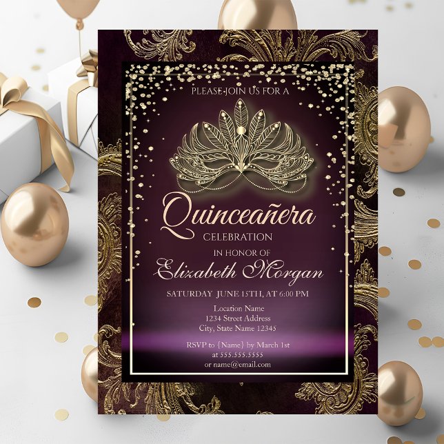 Diamonds Burgundy Blommigt Damask Quinceañera Inbjudningar (Skapare uppladdad)
