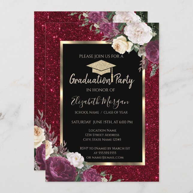 Diamonds Burgundy Flowers Red Glitter Studenten Inbjudningar (Fram/baksida)