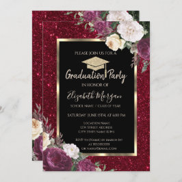 Diamonds Burgundy Flowers Red Glitter Studenten Inbjudningar