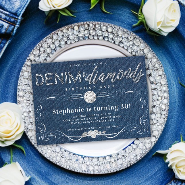 Diamonds Denim Flourish Ram Classy 30års födelseda Inbjudningar (denim and diamonds 30th birthday party classy modern simple whimsical flourish script hand written )