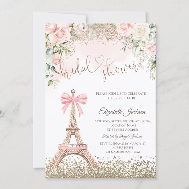 Diamonds Eiffel Tower Bow Flowers Bridal Shower  Inbjudningar (Framsida)