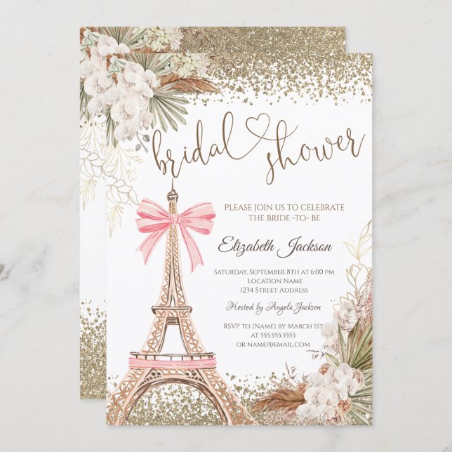  Diamonds Eiffel Tower Bow Flowers Bridal Shower  Inbjudningar (Fram/baksida)