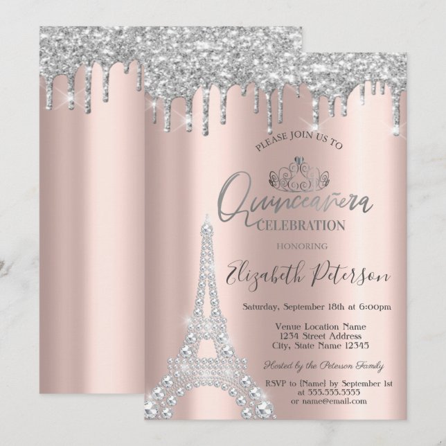 Diamonds Eiffel Tower,Drips Silver Quinceañera Inbjudningar (Fram/baksida)