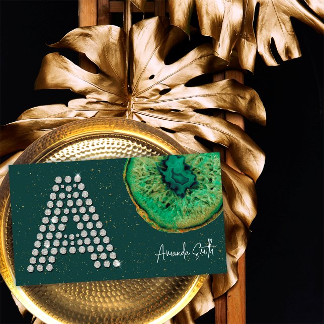 Diamonds Emerald Agate Initial A Brev Monogram Visitkort (Front)