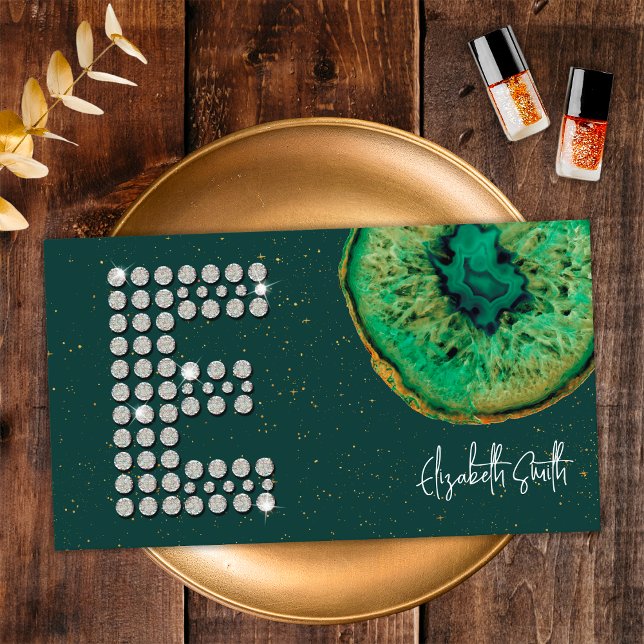 Diamonds Emerald Agate Initial E Brev Monogram Visitkort (Front)