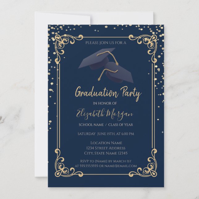 Diamonds Grad Cap Frame Navy Blue Graduation Inbjudningar (Framsida)