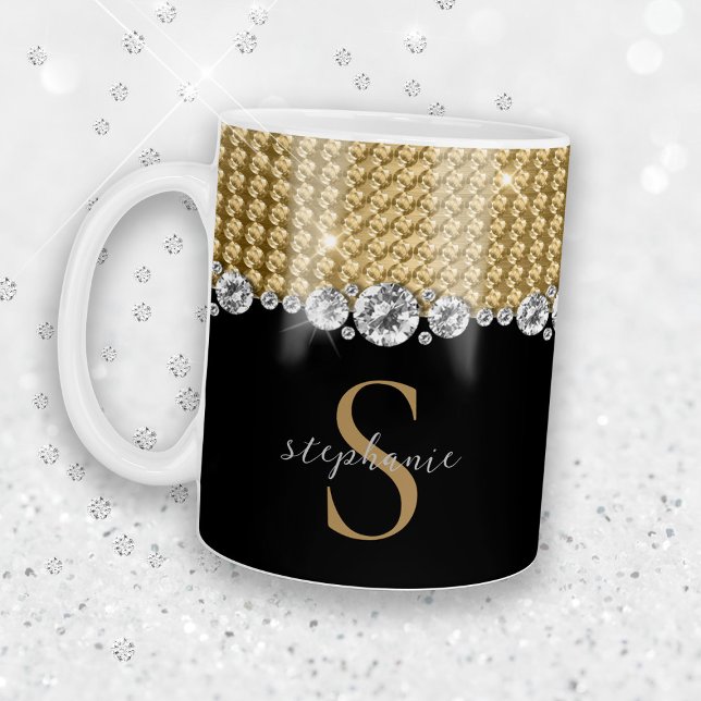 Diamonds Guld Black Elegant Shiny Monogram Anpassn Kaffemugg (Diamonds Gold Black Elegant Shiny Monogram Custom Coffee Mug)