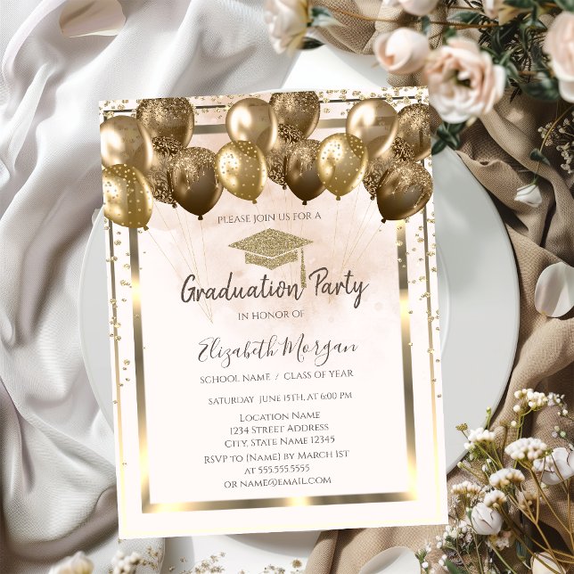 Diamonds Guld Grad Cap Balloons Cream Studenten Inbjudningar (Skapare uppladdad)
