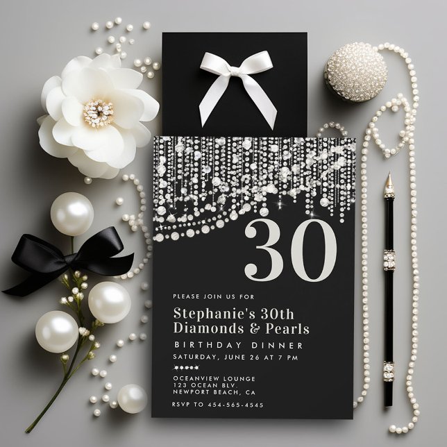 Diamonds Pearls Black White 30års födelsedag Midda Inbjudningar (diamonds pearls 30th birthday dinner party invitation black white formal elegant stylish classy chic)