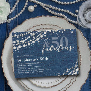 Diamonds Pearls Denim Chic Fabulous 50:e födelseda Inbjudningar