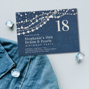 Diamonds Pearls Denim Elegant Classy 18:e födelsed Inbjudningar