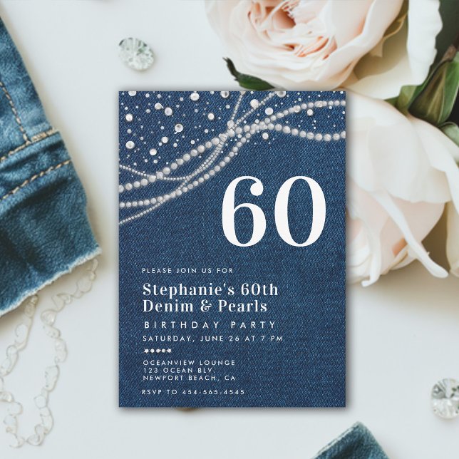Diamonds Pearls Denim Elegant Classy 60:e födelsed Inbjudningar (denim and diamonds pearls 60th birthday invitation women elegant classy modern chic)