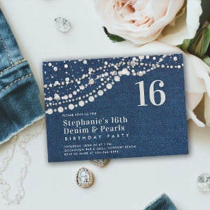 Diamonds Pearls Denim Elegant Classy Chic Sweet 16 Inbjudningar