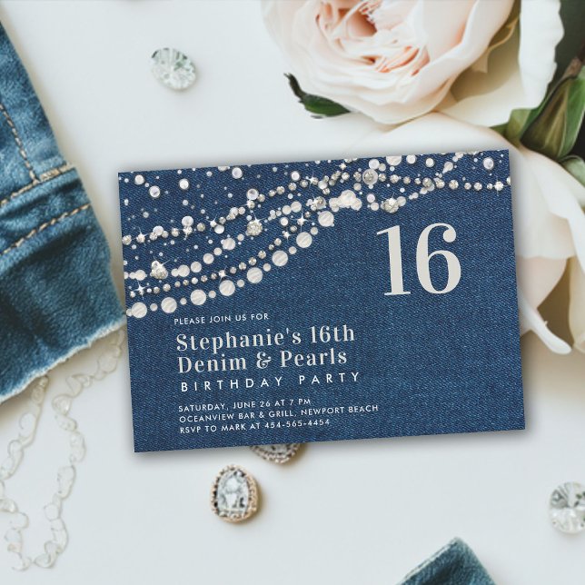 Diamonds Pearls Denim Elegant Classy Chic Sweet 16 Inbjudningar (denim diamonds pearls sweet 16 birthday party invitation modern contemporary classy elegant chic)