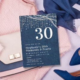 Diamonds Pearls Denim Modern Classy 30års födelsed Inbjudningar