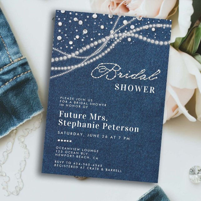 Diamonds Pearls Elegant Romantik Fru Möhippa Inbjudningar (denim diamonds pearls bridal shower invitation elegant classy rustic feminine romantic western chic)