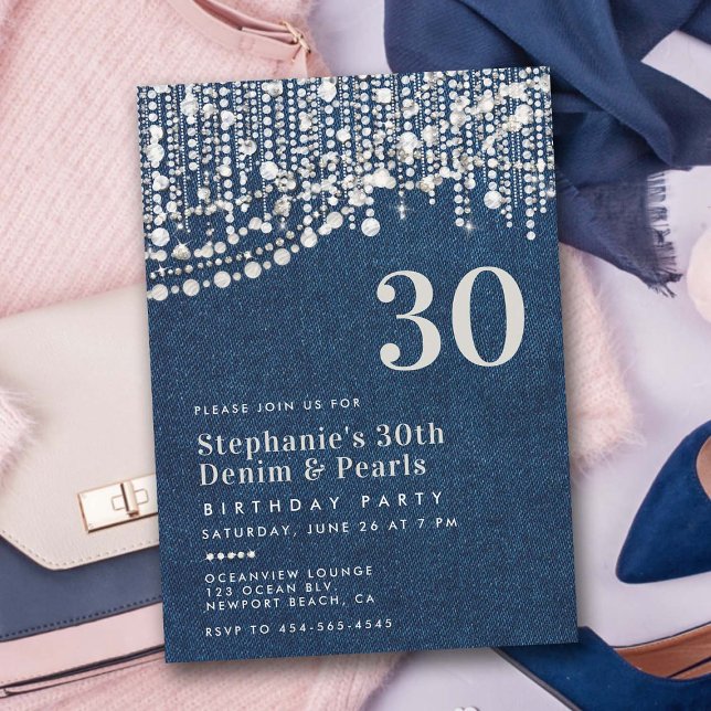 Diamonds Pearls Fringe Jean Denim 30års födelsedag Inbjudningar (denim diamonds pearls theme party 30th birthday for women elegant classy bling chic feminine jean)