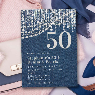 Diamonds Pearls Fringe Jean Denim 50:e födelsedage Inbjudningar