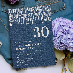 Diamonds Pearls Jean Denim Classy 30års födelsedag Inbjudningar