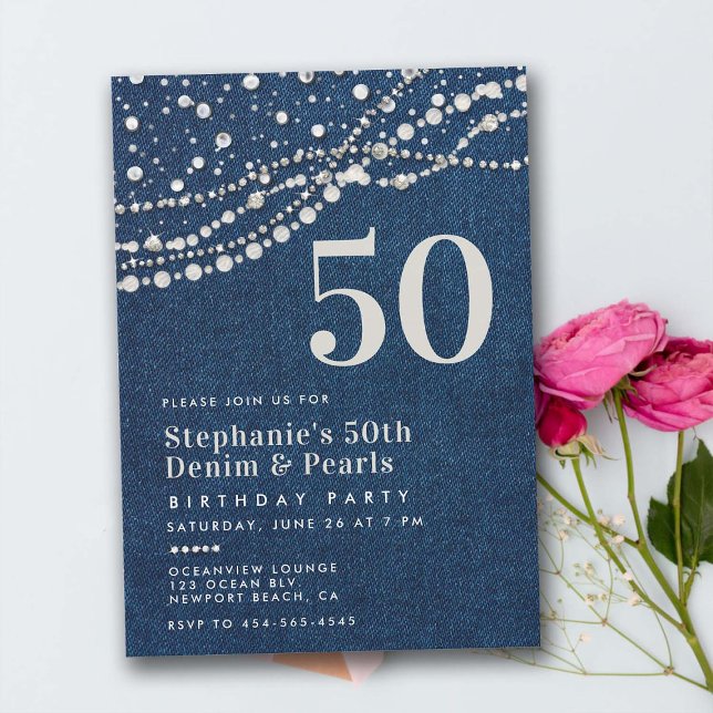 Diamonds Pearls Jeans Elegant Classy 50:e födelsed Inbjudningar (diamonds pearls 50th birthday invitation for her women elegant classy bling jean rustic western chic)