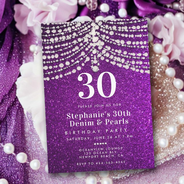 Diamonds Pearls Lila Glitz Glam 30års födelsedag Inbjudningar (glitter 30th birthday invitation glitz glamour diamonds pearls elegant classy bling theme)