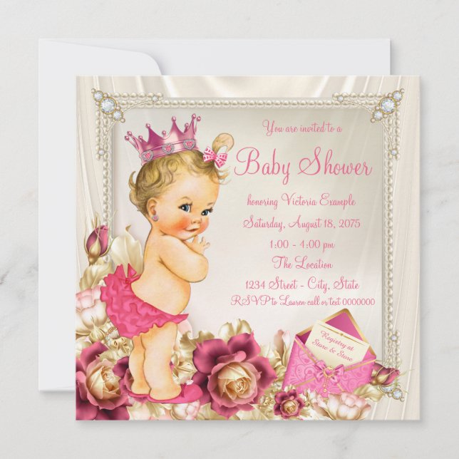 Diamonds Pearls Satin Rosa Princess Baby Shower Inbjudningar (Framsida)