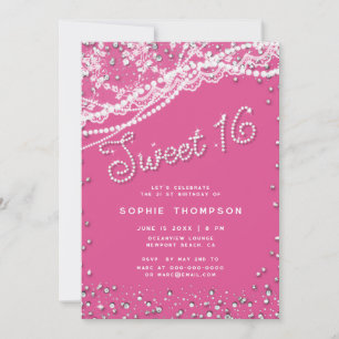 Diamonds Pearls Snöre Girly Rosa Elegant Sweet 16 Inbjudningar