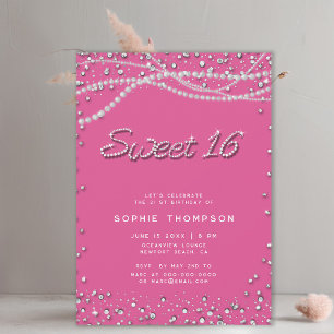 Diamonds Pearls Söt Girly Rosa Elegant Sweet 16 Inbjudningar