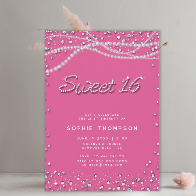 Diamonds Pearls Söt Girly Rosa Elegant Sweet 16 Inbjudningar (diamonds and pearls sweet 16 birthday party invitation template for girls elegant classy chic girly)