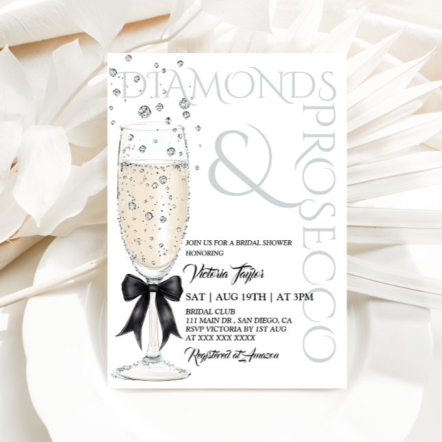 Diamonds & Prosecco Elegant Bow Bröllopsdusch Inbjudningar (Skapare uppladdad)