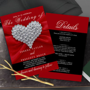 Diamonds Red Elegant Calligraphy Bevackra Bröllop Inbjudningar