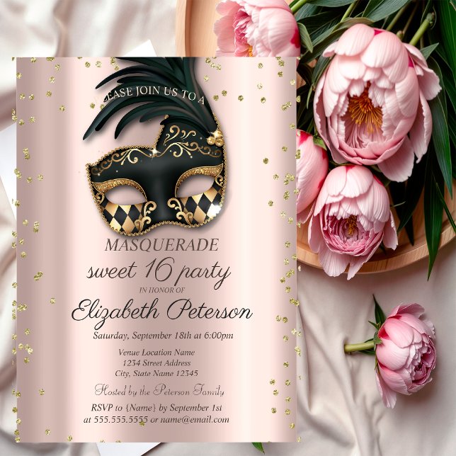 Diamonds Ro Guld Black Masquerad Sweet 16 Inbjudan Vykort (Skapare uppladdad)