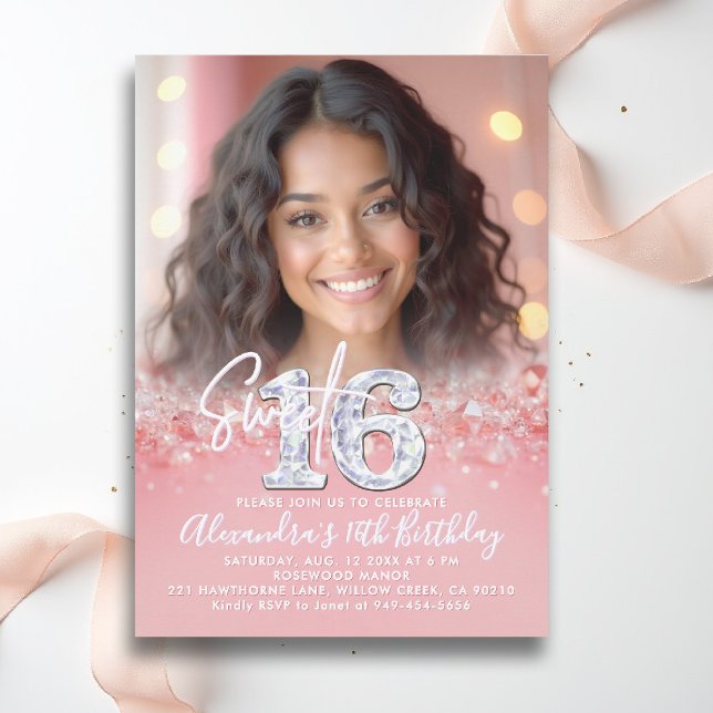 Diamonds Ro Guld Sparkles Chic Foto Sweet 16 Inbjudningar (sweet sixteen invitation 16th birthday diamonds rose gold blush pink photo template fashion teen)