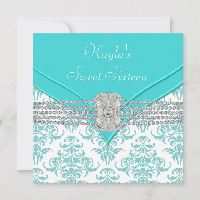 Diamonds Teal Blue Damask Sweet sixteen Birthday Inbjudningar (Framsida)