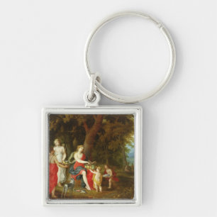 Diana och henne jungfruar, efter jakten, 1626 fyrkantig silverfärgad nyckelring