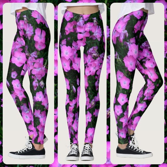 Dianthus Blommor Ljust Rosa och Grön Blomma Leggings (Skapare uppladdad)