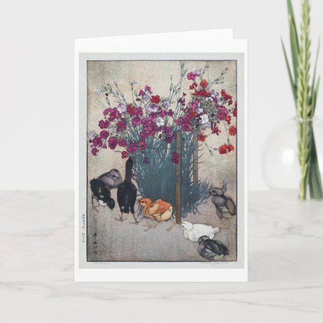 Dianthus & Chicks , Hiroshi Yoshida, Woodcut Kort (Framsida)