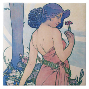 Dianthus (fyra blommor), Alphonse Mucha Kakelplatta