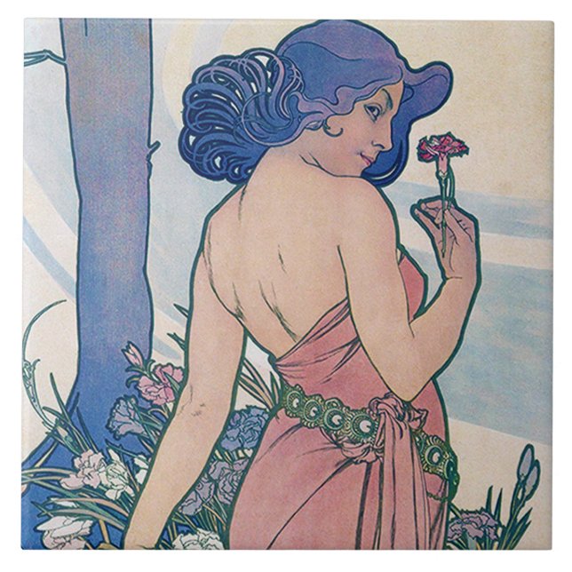 Dianthus (fyra blommor), Alphonse Mucha Kakelplatta (Framsidan)
